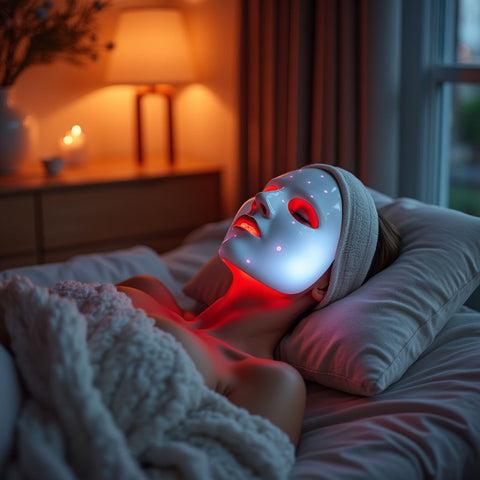 Woman relaxing while wearing an LED face mask at night