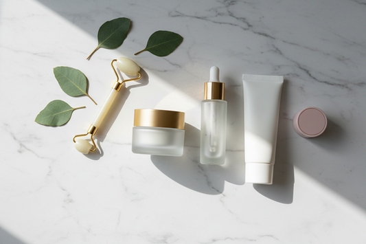 Skincare tools including jade roller and serums on marble surface