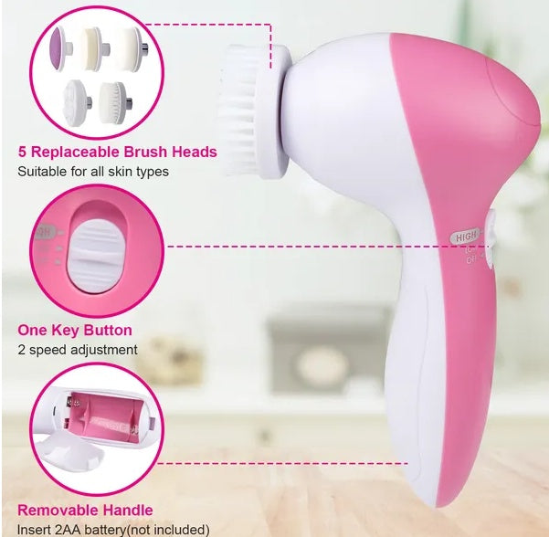 Waterproof Facial Cleansing Brush — 5-Head Rotating Skin Care Tool